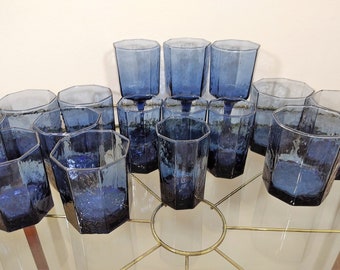 Libbey Facets Cobalt Blue Mid Century Glassware. Sold in sets. Choice of highball, wine, juice, old fashioned or double old fashioned