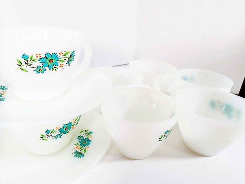 Vintage Fire King Bonne Blue Bell Milk Glass Cups and Saucers Etsy