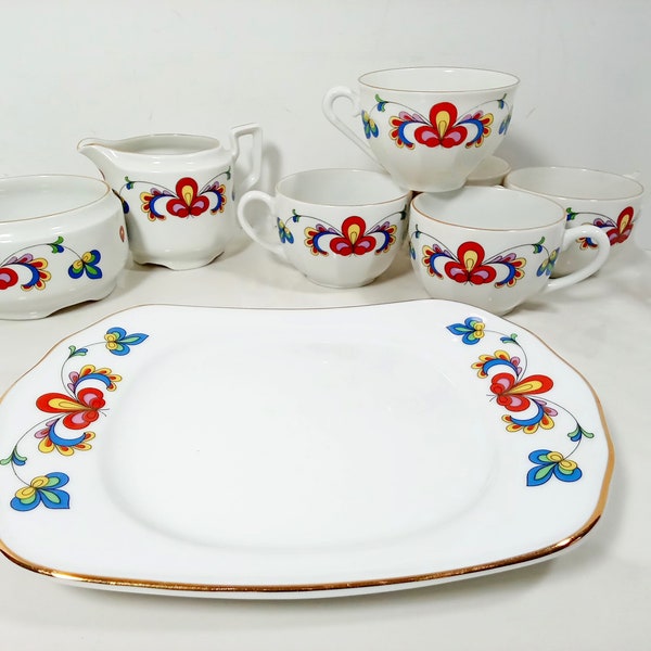 Porsgrund Norway Farmers Rose  Sets of 2 Ribbed Flat Cups B shape, 3 Ribbed Flat Cups, Rim Mini Sugar and Creamer, and Scalloped Butter Dish