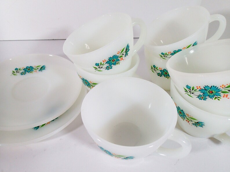Vintage Fire King Bonne Blue Bell Milk Glass Cups and Saucers Etsy