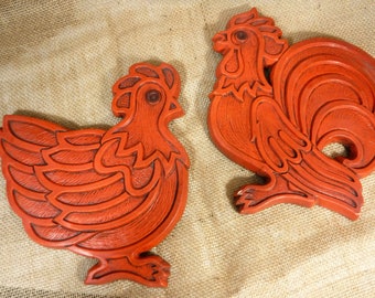 Vintage Ceramic Chicken & Rooster 1970s Burnt Orange Wall Plaques