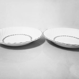 Mid Century Homer Laughlin Arcadia Dinnerware. Silver Platinum wreath of leaves around inner circle, Platinum trim on scalloped rimmed white china soup coupe bowls