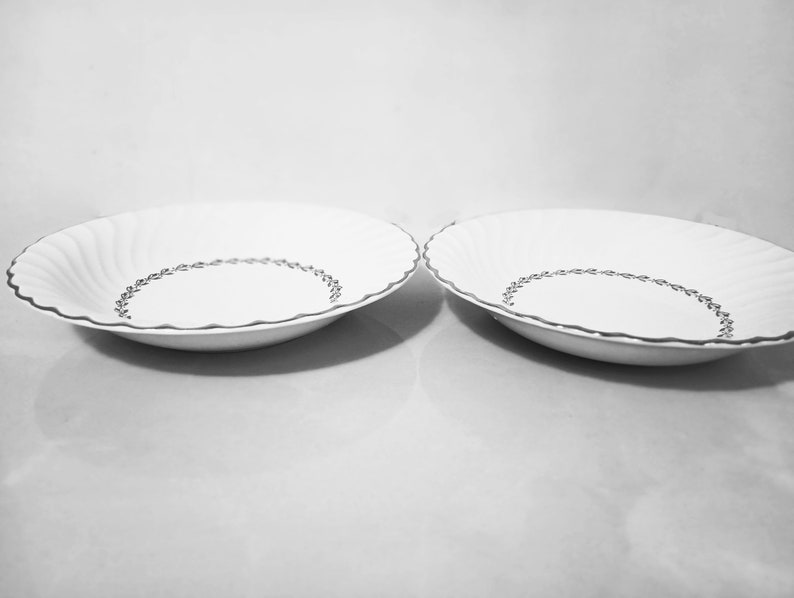 Mid Century Homer Laughlin Arcadia Dinnerware. Silver Platinum wreath of leaves around inner circle, Platinum trim on scalloped rimmed white china soup coupe bowls