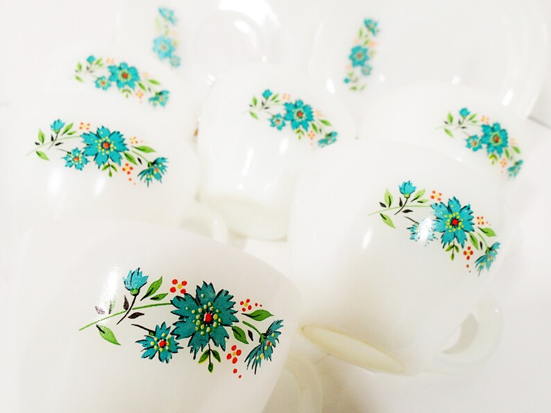 Vintage Fire King Bonne Blue Bell Milk Glass Cups and Saucers Etsy
