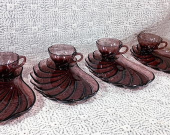 Vintage Hazel Ware Seashell Amethyst Snack Set,  Plates & Cups in Box