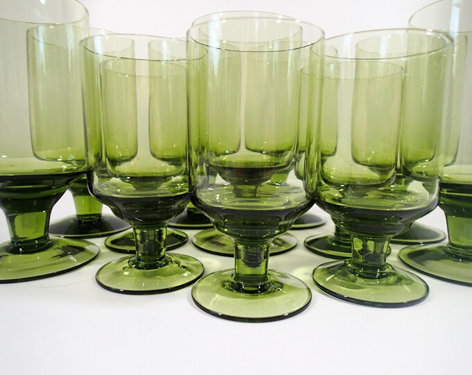 Mid Century Denby Avocado Green Carousel Water Goblets and Wine Glasses