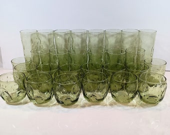 Mid-Century Avocado Empoli Italian Glass Barware. Textured pinched glass Zombie, Highball, Old Fashioned, and Roly Poly Glasses 28-piece set