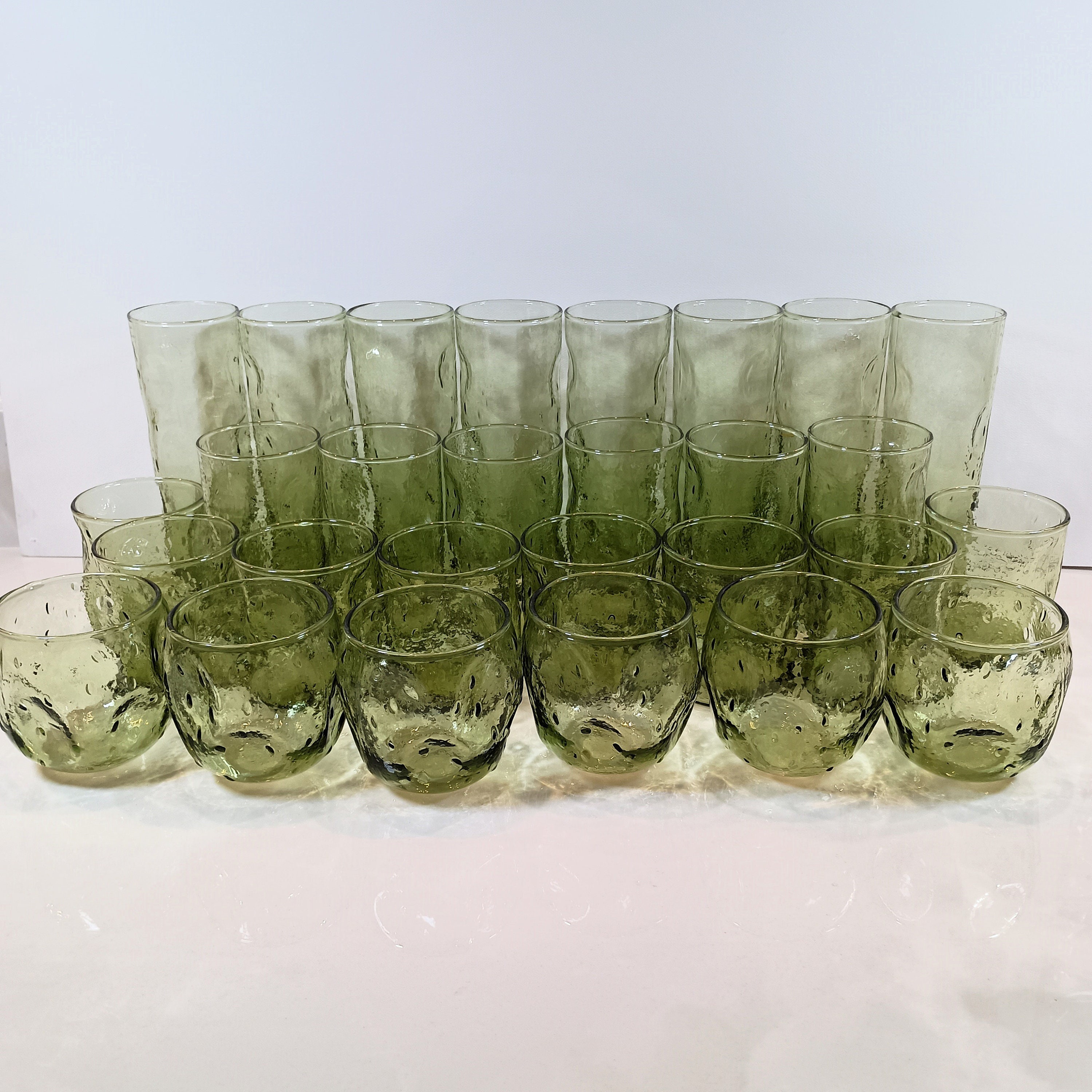 Mid-Century Avocado Empoli Italian Glass Barware. Textured pinched glass Zombie, Highball, Old Fashioned, and Roly Poly Glasses 28-piece set