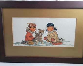 Joan Arends Original Watercolor Painting: Alaskan Children, Husky Puppy, Signed Vintage Art