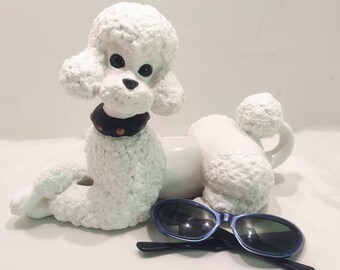 Large Pearlized White French Poodle Figurine, 1950s Ceramic Kitsch, Mid Century Display Dog