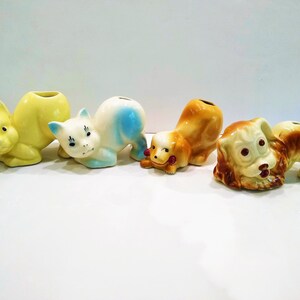 Antique Dog and Cat Figurine Perfume Diffusers.  Yellow Diffuser Cat, Blue Diffuser Cat, Furry Diffuser Dog or Short Haired Diffuser Dog. Sometimes listed as Antique Toothbrush Holders or Toothpick holders