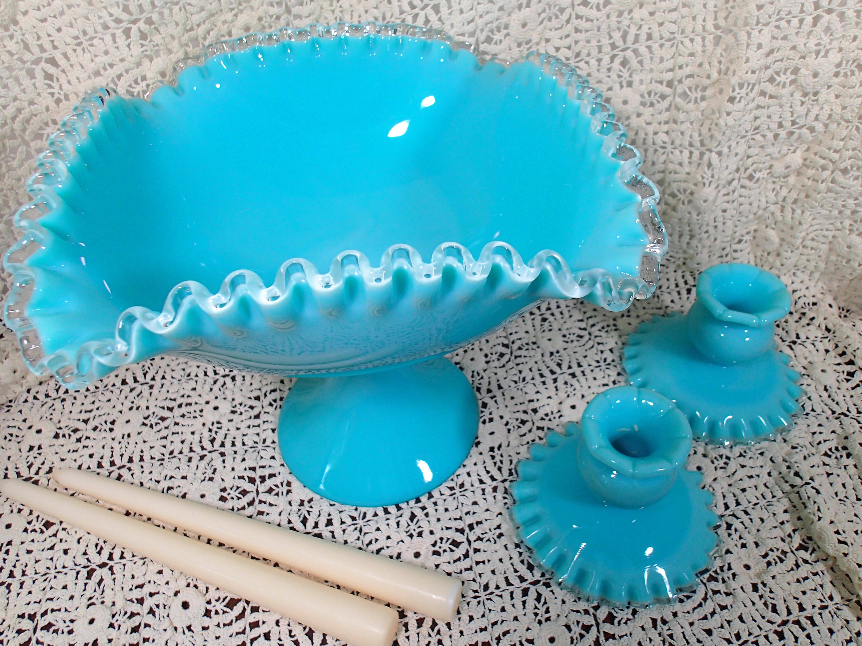 Fenton Aqua Blue Turquoise Fenton Milk Glass Hobnail Trumpet