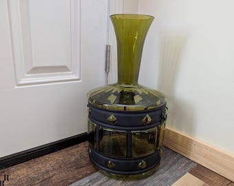 Large Avocado Imprisoned Glass Vase with Metal Frame, Bale Handles, Mexican Art Glass Style