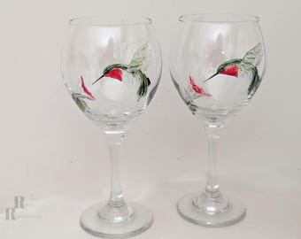 Hand Painted Hummingbird Wine Glasses Floral Art Stemware Pair Signed SR