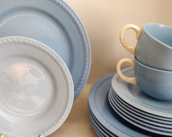 Homer Laughlin Kraft Blue Rope Edge Dinnerware set. Lunch plates, bread plates and cups.