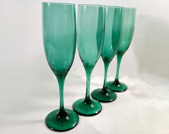 Vintage Dark Green Libbey Champagne Flutes Set of 4