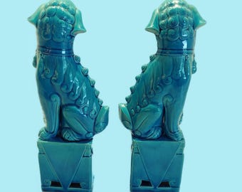Vintage Turquoise Foo Dogs Pair 12 5/8tall