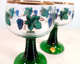 Mid-Century German Emerald Green Beehive Stem Roemer embellished with blue grapes, Original Foil Label, SETS OF 2 Römers