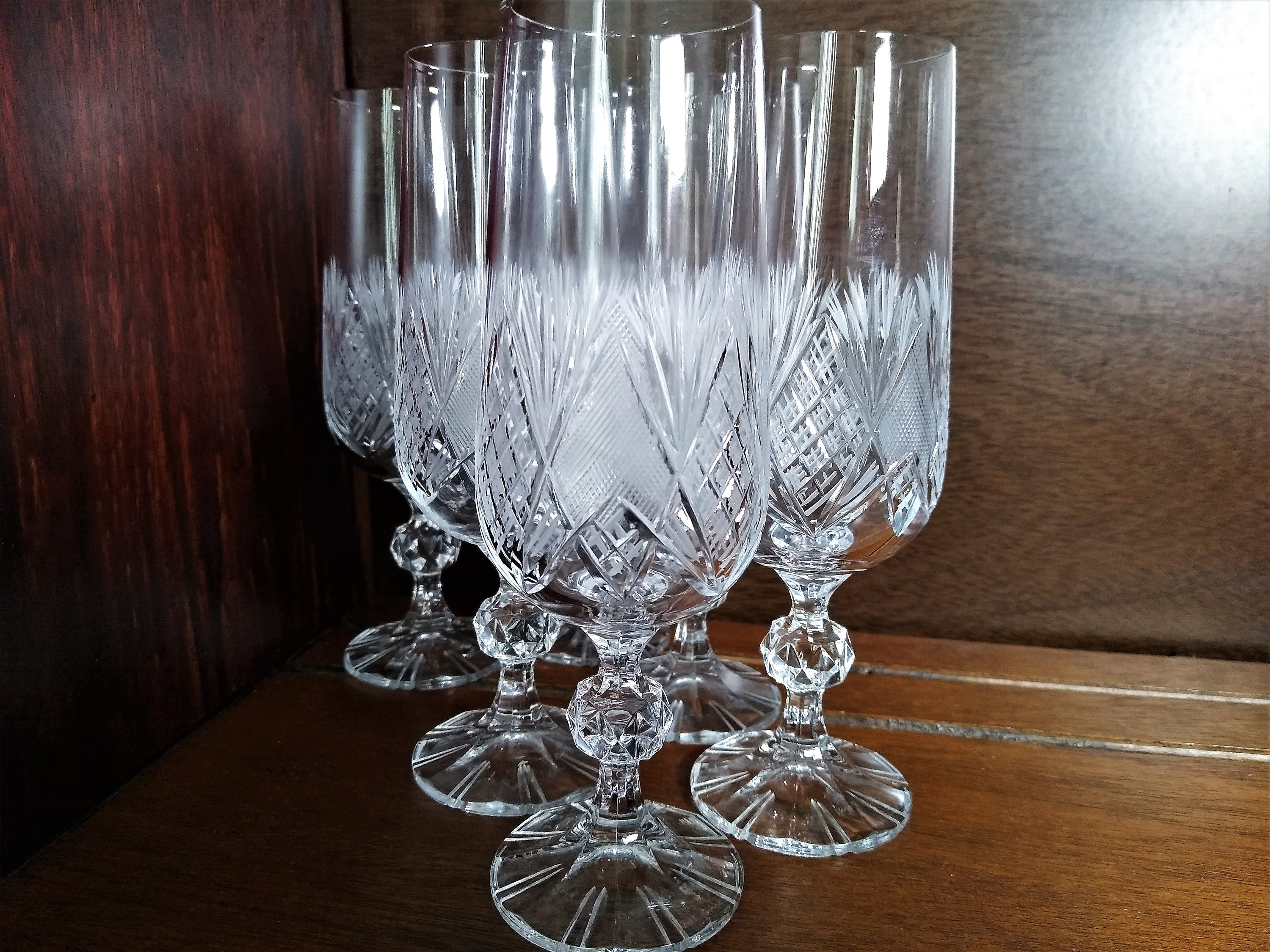 Eight Vintage Lead Crystal Footed Wine Glasses, Diamond and Ribs