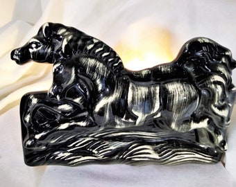 Mid Century Black Horse Television Lamp with planter.  Black Running Horses, mare and foal running side by side.