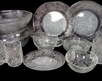 Princess House Fantasia Clear Pressed Glass Dinnerware & Serveware, Embossed Floral Pattern, Sets of 2