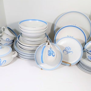 Denby - Langley Pride Dinnerware - Blue Tulips, blue band on white Stoneware Place Settings, Misc. set, and casserole sold separately
