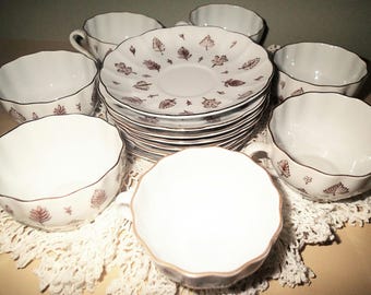 Arabia Finland Aulikki Demitasse Cups Saucers Sets, White Porcelain Brown Leaf Design