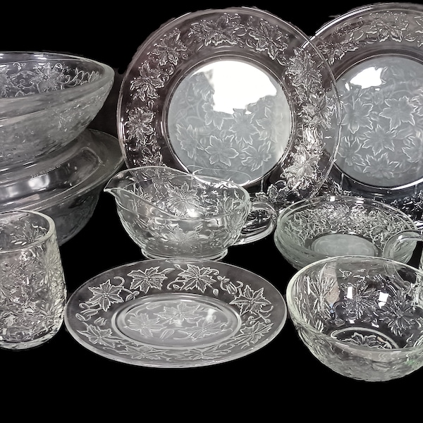 Princess House Fantasia Glass dinnerware & serving pieces. Embossed floral pressed glass plates, mugs, margarita glasses, bowls, bakeware.