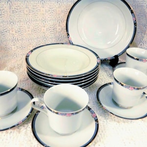 Vintage Mikasa Florisse Black Cups and Saucer, Rimmed Soup and Vegetable Bowls.