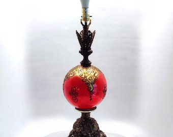 Mid Century Falkenstein Style Lamp Red Gold Eglomisé Globe, Ornate Scrollwork Base