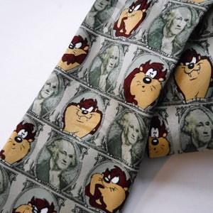 Vintage Necktie TAZ The Tazmanian DevilLooney Tunes Mania Character tie, Washington Dollar Bill background.