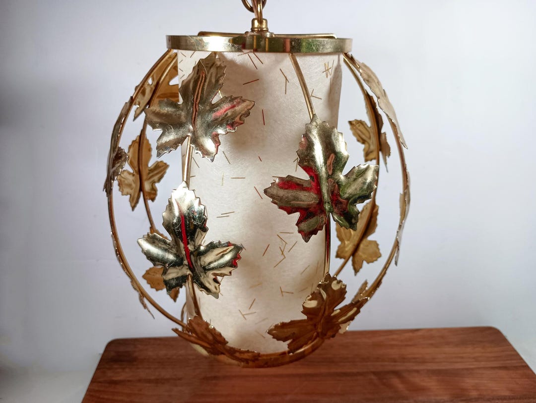 Mid‑century Modern Swag Lamp, Brass Maple Leaf Cage & Fiberglass Shade ...