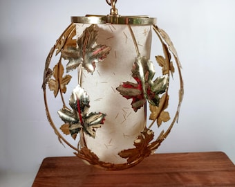 Vintage Brass Maple Leaf Swag Lamp • Fiberglass Shade Diffuser • 1960s Hanging Light