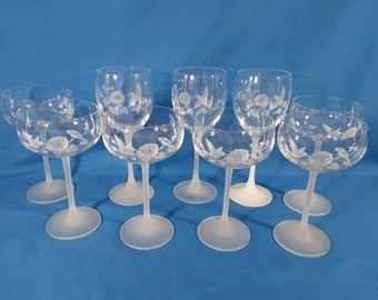 Avon Hummingbird Lead Crystal Stemware Wine or Champagne Glasses or Water Goblets, Etched Hummingbirds and Flowers, frosted white stems.