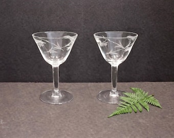 Vintage McBride Tall Sherbet Glasses Set of 2 Mid Century Cut Glass Champagne Coupes Fern Etched Stemware
