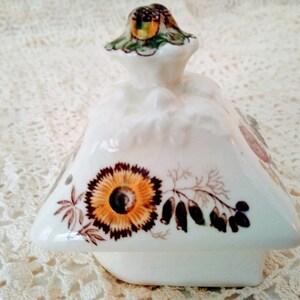 May include: White ceramic jar with a floral design. The jar features a sunflower and other botanical illustrations in shades of brown, orange, and yellow. The lid is topped with a decorative finial with green, yellow, and brown accents. The jar is set against a white lace background.