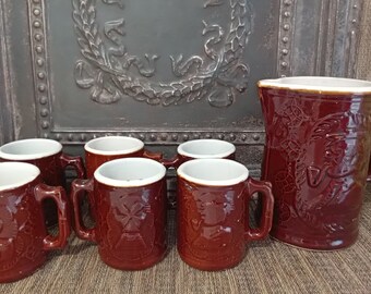 Antique Burley Winter Crooksvill Pottery Tankard Pitcher and Mugs Windmill Sailor Set