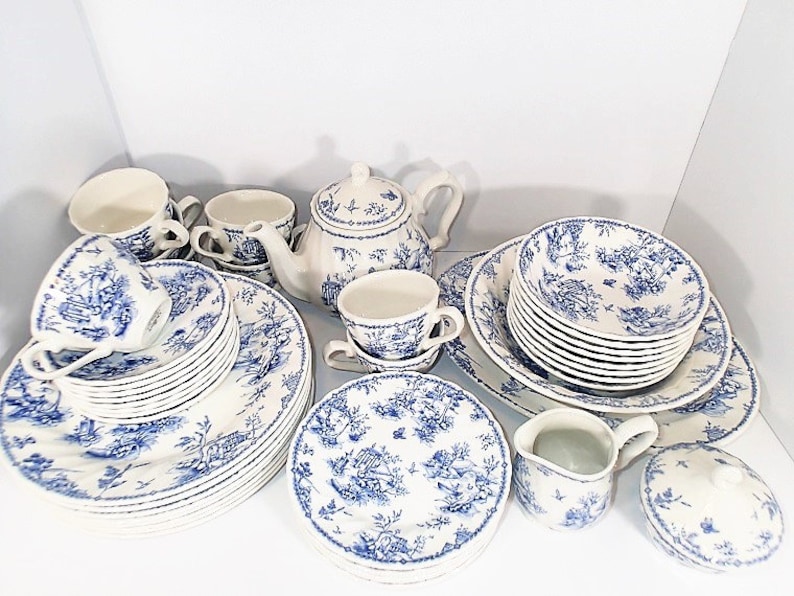 RESERVED Queen's China Chelsea Toile Blue Dinnerware Set Etsy
