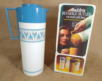 Vintage Aladdin Thermos 1 qt Beverage Butler Vacuum Pitcher Wedgwood Blue in original box.