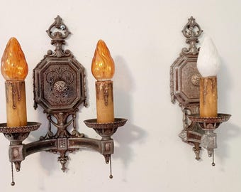 Antique ISCO Art Deco Enameled Cast‑Metal Wall Fixtures, Single‑Arm and Double‑Arm