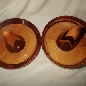 Turned wood Sombrero snack serving bowls, or bowls to keep trinkets or keys. Beautiful segmented contrasting stacked wood artfully turned into sombrero shapes and  finished in high gloss.