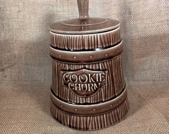 Mid-Century Cookie Churn Ceramic Cookie Jar made to look like an old wooden butter churn