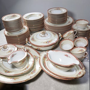 Vintage Rose China Japan (Noritake) RO6 91 piece fine china dinnerware set, Service for 12 (missing 2 cups),  includes serving pieces.,