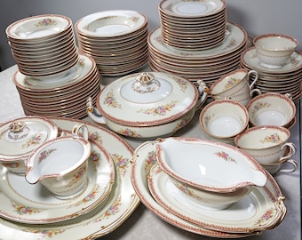Vintage Rose China Japan (Noritake) RO6 91 piece fine china dinnerware set, Service for 12 (missing 2 cups),  includes serving pieces.,