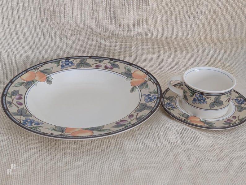 Mikasa Garden Harvest CAC29 stoneware pasta bowl, cup and saucer set with fruit and leaf border on cream glaze.