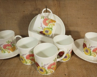 Wedgwood Summer Bouquet Mini Demitasse Cups and Saucers, Orange Red Floral China, Replacement Cup, Vintage Wedgwood 1980s
