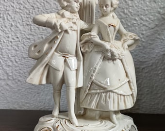 Vintage German Porcelain Boudoir Lamp White & Gold Figural Couple 1920s Bedroom Accent Light