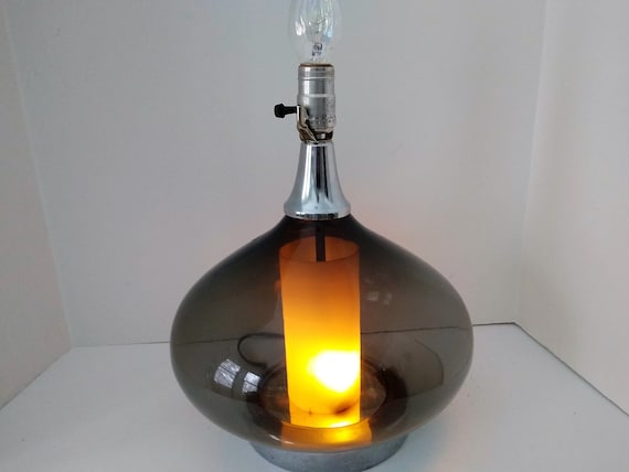 Mid Century Modern Hand Blown Blenko Style Smoke Glass Table Lamp, chrome neck, mood light / night light diffuser.