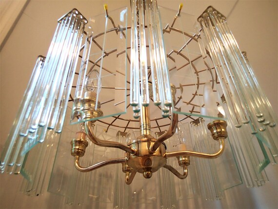 Mid Century Glass Rod and Beveled Glass Panel Chandelier Reminds