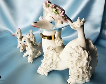 Mid Century ArnArt Spaghetti Poodle Trio White Mother & Two Puppies  1950s Porcelain Figurines